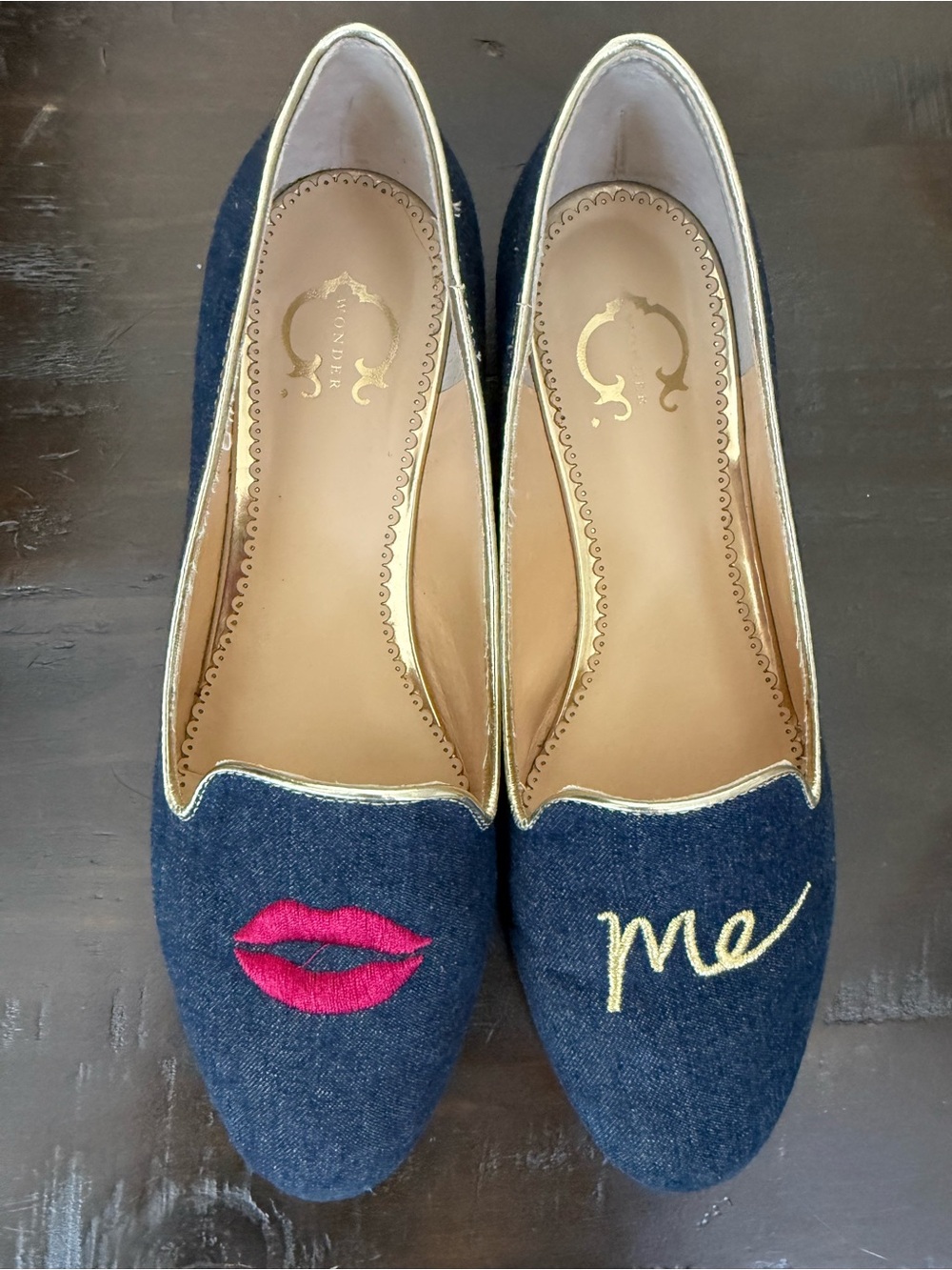 C Wonder Denim “💋Me” Embroidered Loafers - Gold Trim